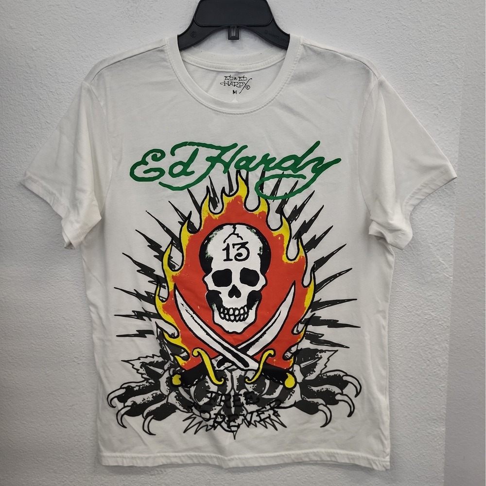 Ed Hardy Men's 13 Skull White Graphic T-Shirt, Size Medium